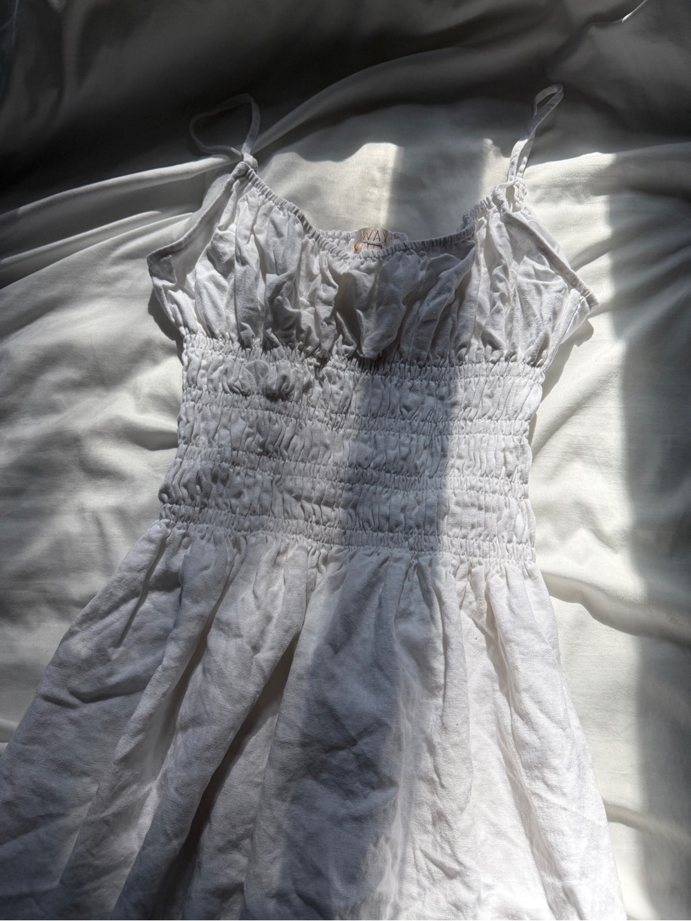 Wayf White Lined Smocked Midi Dress with Spaghetti Straps
